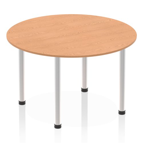 Impulse 1200mm Round Table Oak Top Brushed Aluminium Post Leg