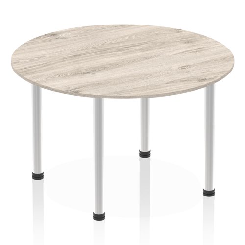 Impulse 1200mm Round Table Grey Oak Top Brushed Aluminium Post Leg