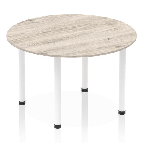 Impulse 1200mm Round Table Grey Oak Top White Post Leg