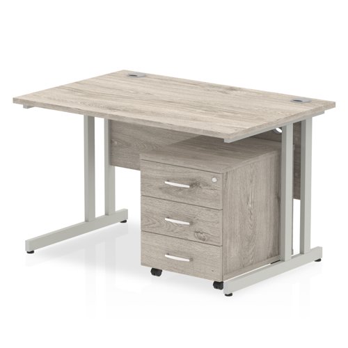 Impulse 1200 x 800mm Straight Office Desk Grey Oak Top White Cantilever Leg Workstation 3 Drawer Mobile Pedestal