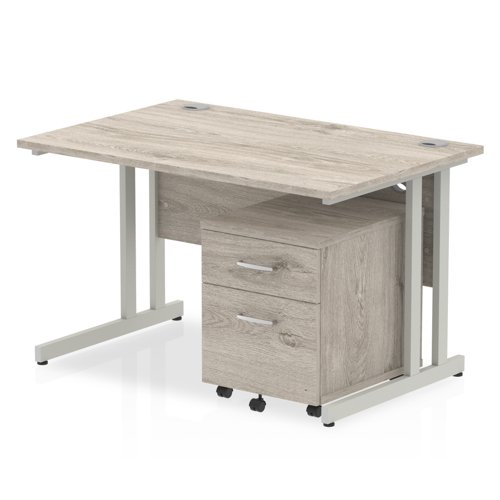 Impulse Cantilever Straight Office Desk W1200 x D800 x H730mm Grey Oak Finish White Frame With 2 Drawer Mobile Pedestal - I003799