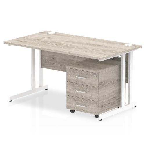 Impulse 1400 x 800mm Straight Office Desk Grey Oak Top White Cantilever Leg Workstation 3 Drawer Mobile Pedestal