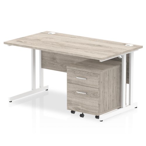 Impulse Cantilever Straight Office Desk W1400 x D800 x H730mm Grey Oak Finish White Frame With 2 Drawer Mobile Pedestal - I003801