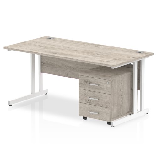 Impulse Cantilever Straight Office Desk W1600 x D800 x H730mm Grey Oak Finish White Frame With 3 Drawer Mobile Pedestal - I003802