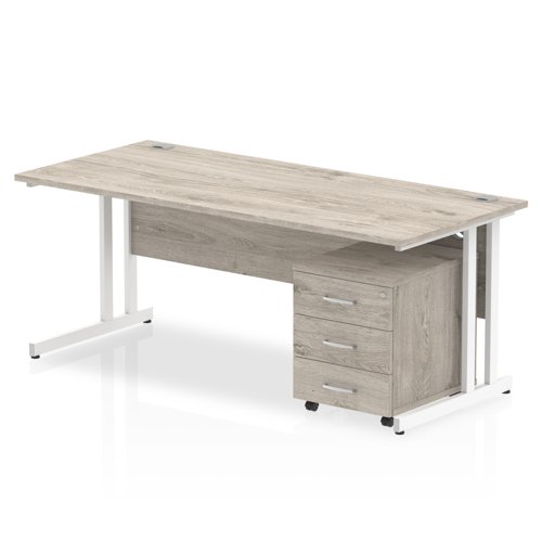 Impulse Cantilever Straight Office Desk W1800 x D800 x H730mm Grey Oak Finish White Frame With 3 Drawer Mobile Pedestal - I003804