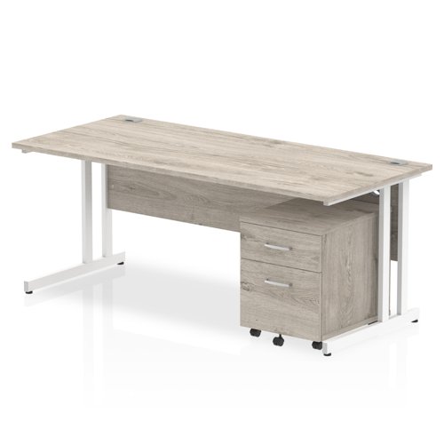 Impulse Cantilever Straight Office Desk W1800 x D800 x H730mm Grey Oak Finish White Frame With 2 Drawer Mobile Pedestal - I003805