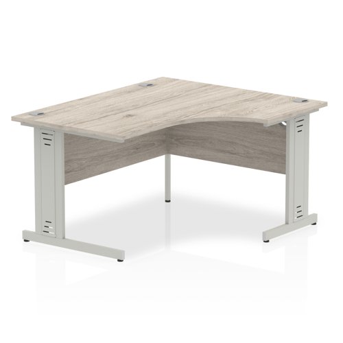 Impulse 1400mm Right Crescent Office Desk Grey Oak Top Silver Cable Managed Leg