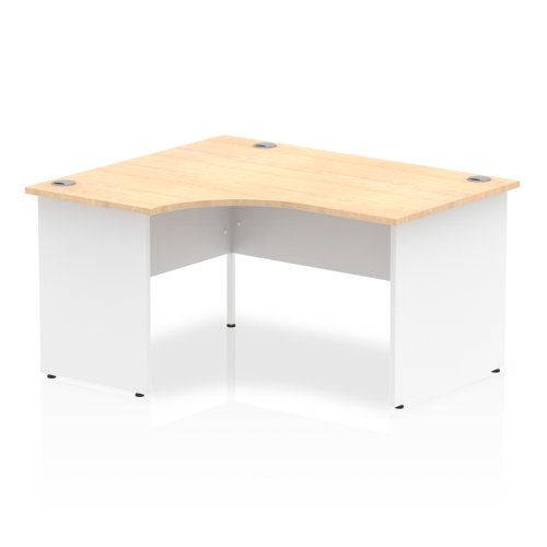 Impulse 1400mm Left Crescent Office Desk Maple Top White Panel End Leg