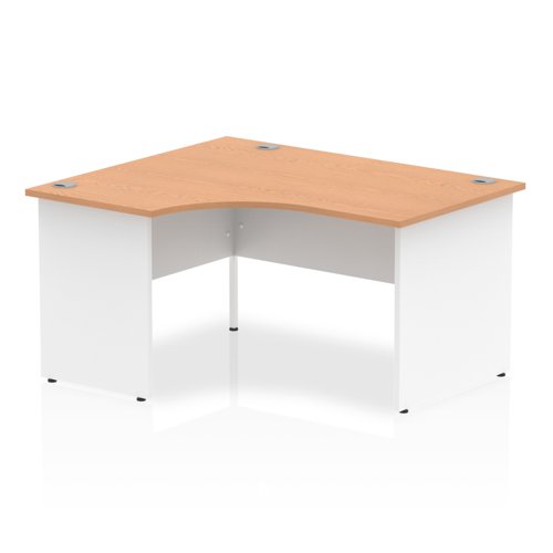 Impulse 1400mm Left Crescent Office Desk Oak Top White Panel End Leg