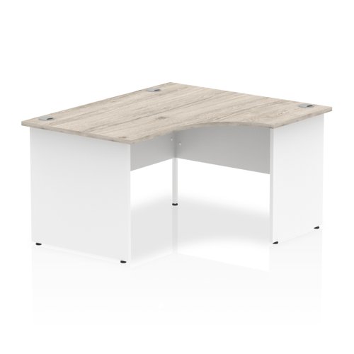 Impulse 1400mm Right Crescent Office Desk Grey Oak Top White Panel End Leg
