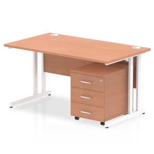 Impulse 1400 x 800mm Straight Office Desk Beech Top White Cantilever Leg Workstation 3 Drawer Mobile Pedestal