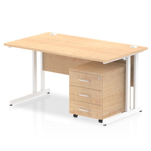 Impulse Cantilever Straight Office Desk W1400 x D800 x H730mm Maple Finish White Frame With 3 Drawer Mobile Pedestal - I003889 23456DY