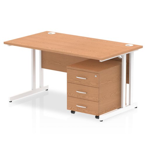 Impulse Cantilever Straight Office Desk W1400 x D800 x H730mm Oak Finish White Frame With 3 Drawer Mobile Pedestal - I003890