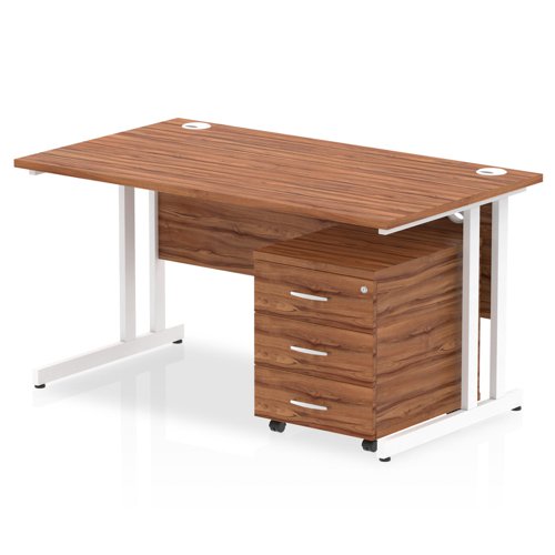 Impulse 1400 x 800mm Straight Office Desk Walnut Top White Cantilever Leg Workstation 3 Drawer Mobile Pedestal