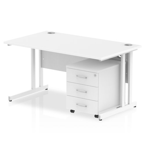 Impulse 1400 x 800mm Straight Office Desk White Top White Cantilever Leg Workstation 3 Drawer Mobile Pedestal