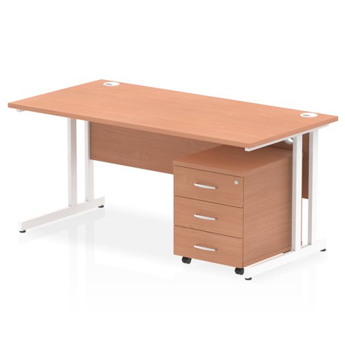 Impulse 1600 x 800mm Straight Office Desk Beech Top White Cantilever Leg Workstation 3 Drawer Mobile Pedestal