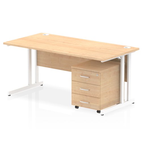 Impulse 1600 x 800mm Straight Office Desk Maple Top White Cantilever Leg Workstation 3 Drawer Mobile Pedestal