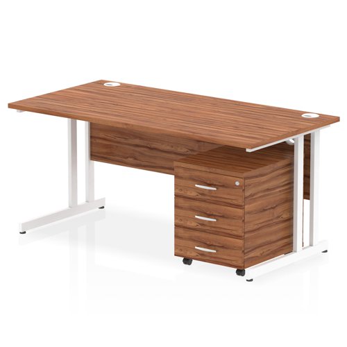 Impulse Cantilever Straight Office Desk W1600 x D800 x H730mm Walnut Finish White Frame With 3 Drawer Mobile Pedestal - I003896