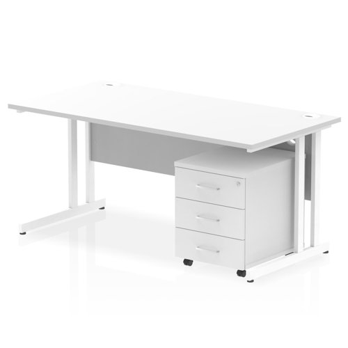 Impulse 1600 x 800mm Straight Office Desk White Top White Cantilever Leg Workstation 3 Drawer Mobile Pedestal