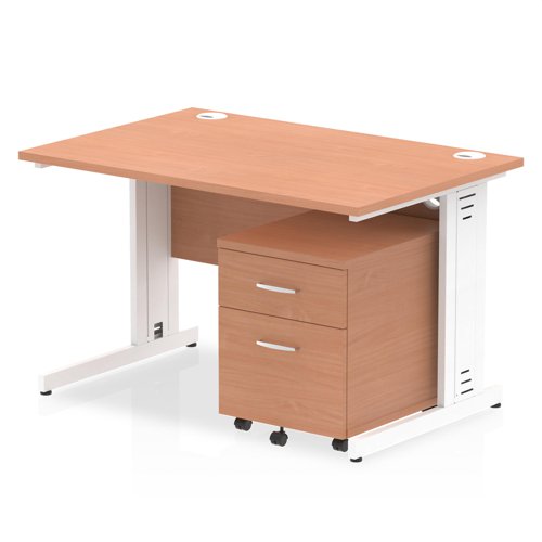 Impulse 1200 x 800mm Straight Office Desk Beech Top White Cable Managed Leg Workstation 2 Drawer Mobile Pedestal