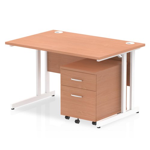 Impulse 1200 x 800mm Straight Office Desk Beech Top White Cantilever Leg Workstation 2 Drawer Mobile Pedestal