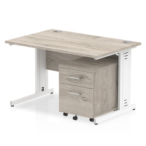 Impulse 1200 x 800mm Straight Office Desk Grey Oak Top White Cable Managed Leg Workstation 2 Drawer Mobile Pedestal
