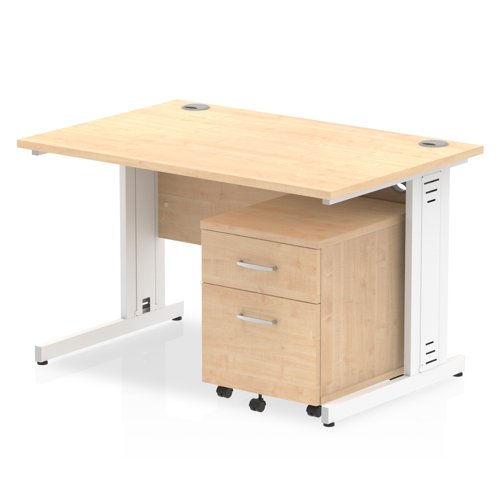 Impulse 1200 x 800mm Straight Office Desk Maple Top White Cable Managed Leg Workstation 2 Drawer Mobile Pedestal