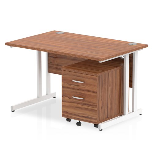 Impulse 1200 x 800mm Straight Office Desk Walnut Top White Cantilever Leg Workstation 2 Drawer Mobile Pedestal