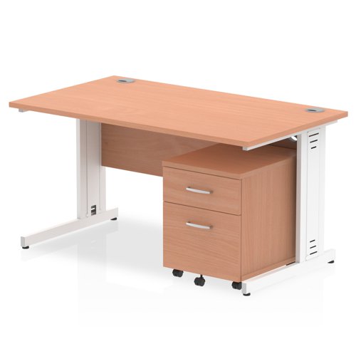 Impulse 1400 x 800mm Straight Office Desk Beech Top White Cable Managed Leg Workstation 2 Drawer Mobile Pedestal