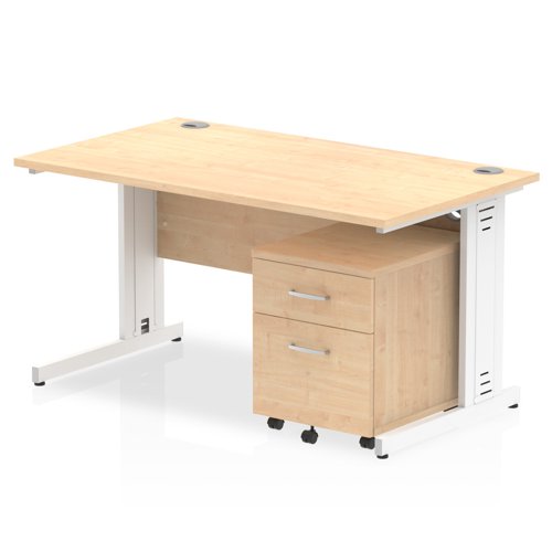 Impulse 1400 x 800mm Straight Office Desk Maple Top White Cable Managed Leg Workstation 2 Drawer Mobile Pedestal