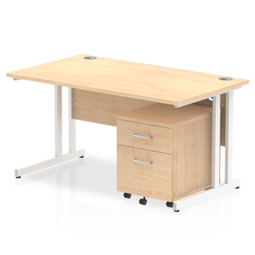 Impulse 1400 x 800mm Straight Office Desk Maple Top White Cantilever Leg Workstation 2 Drawer Mobile Pedestal