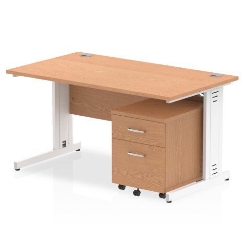 Impulse 1400 x 800mm Straight Office Desk Oak Top White Cable Managed Leg Workstation 2 Drawer Mobile Pedestal