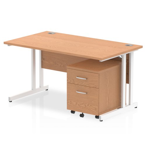 Impulse Cantilever Straight Office Desk W1400 x D800 x H730mm Oak Finish White Frame With 2 Drawer Mobile Pedestal - I003913
