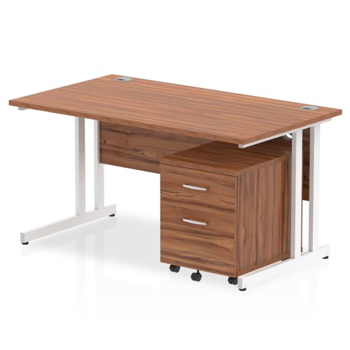 Impulse Cantilever Straight Office Desk W1400 x D800 x H730mm Walnut Finish White Frame With 2 Drawer Mobile Pedestal - I003915