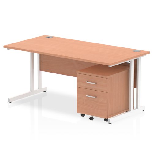 Impulse 1600 x 800mm Straight Office Desk Beech Top White Cantilever Leg Workstation 2 Drawer Mobile Pedestal