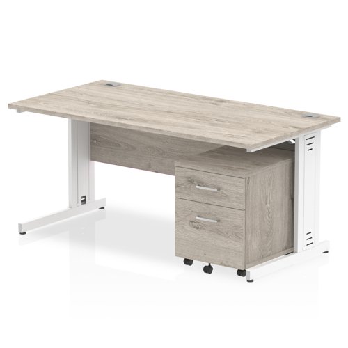 Impulse 1600 x 800mm Straight Office Desk Grey Oak Top White Cable Managed Leg Workstation 2 Drawer Mobile Pedestal