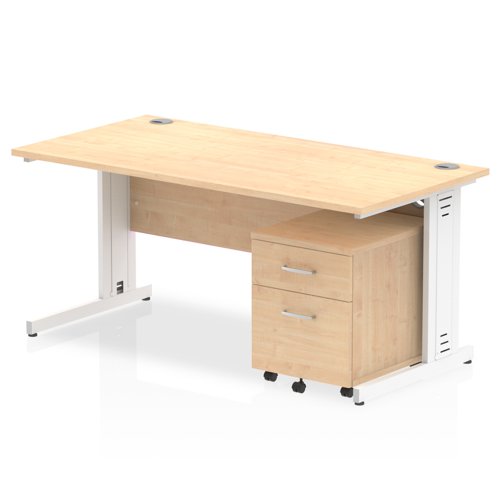 Impulse 1600 x 800mm Straight Office Desk Maple Top White Cable Managed Leg Workstation 2 Drawer Mobile Pedestal