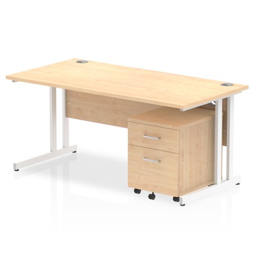Impulse 1600 x 800mm Straight Office Desk Maple Top White Cantilever Leg Workstation 2 Drawer Mobile Pedestal