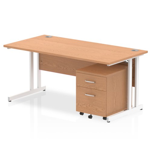 Impulse 1600 x 800mm Straight Office Desk Oak Top White Cantilever Leg Workstation 2 Drawer Mobile Pedestal