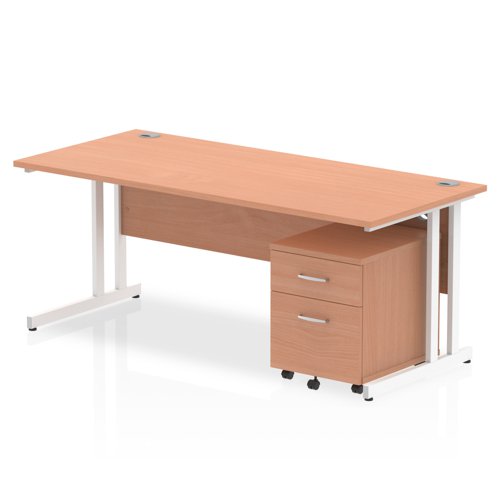 Impulse Cantilever Straight Office Desk W1800 x D800 x H730mm Beech Finish White Frame With 2 Drawer Mobile Pedestal - I003926