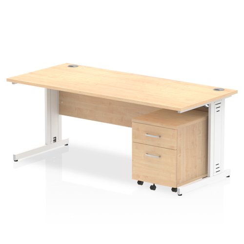 Impulse 1800 x 800mm Straight Office Desk Maple Top White Cable Managed Leg Workstation 2 Drawer Mobile Pedestal