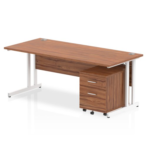 Impulse Cantilever Straight Office Desk W1800 x D800 x H730mm Walnut Finish White Frame With 2 Drawer Mobile Pedestal - I003933