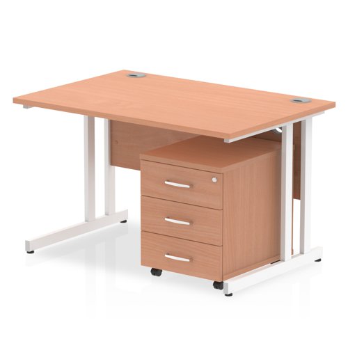 Impulse 1200 x 800mm Straight Office Desk Beech Top White Cantilever Leg Workstation 3 Drawer Mobile Pedestal