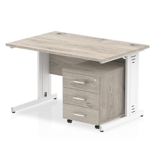 Impulse 1200 x 800mm Straight Office Desk Grey Oak Top White Cable Managed Leg Workstation 3 Drawer Mobile Pedestal
