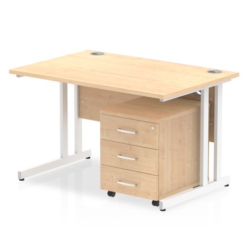 Impulse 1200 x 800mm Straight Office Desk Maple Top White Cantilever Leg Workstation 3 Drawer Mobile Pedestal
