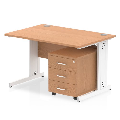 Impulse 1200 x 800mm Straight Office Desk Oak Top White Cable Managed Leg Workstation 3 Drawer Mobile Pedestal