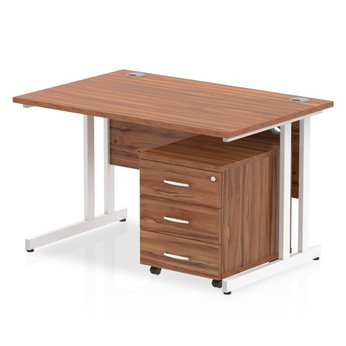 Impulse 1200 x 800mm Straight Office Desk Walnut Top White Cantilever Leg Workstation 3 Drawer Mobile Pedestal