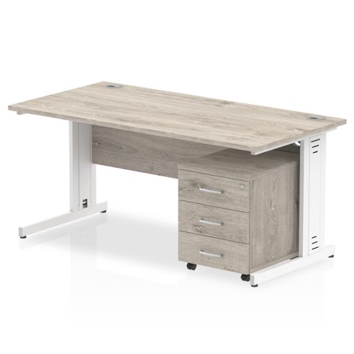 Impulse 1600 x 800mm Straight Office Desk Grey Oak Top White Cable Managed Leg Workstation 3 Drawer Mobile Pedestal