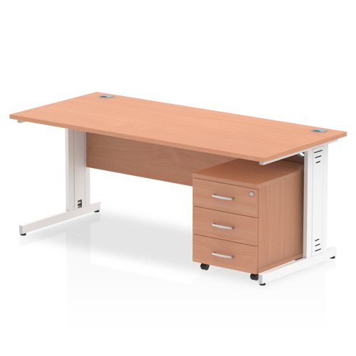 Impulse 1800 x 800mm Straight Office Desk Beech Top White Cable Managed Leg Workstation 3 Drawer Mobile Pedestal