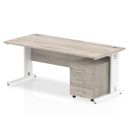 Impulse 1800 x 800mm Straight Office Desk Grey Oak Top White Cable Managed Leg Workstation 3 Drawer Mobile Pedestal